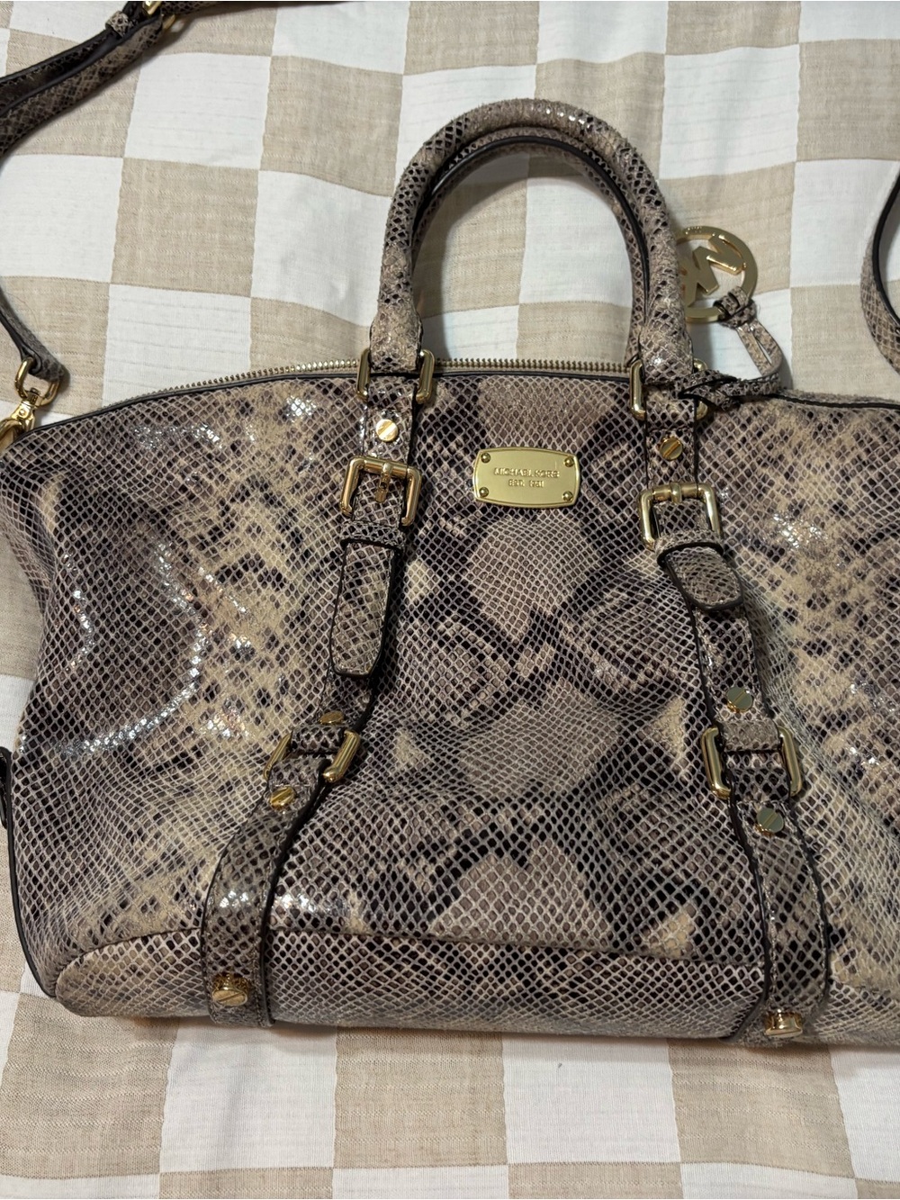 Michael Kors Taupe Snake-Print Satchel with Gold Hardware